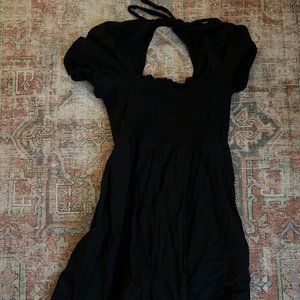 ASOS Black Smocked Bodice Puff Sleeve Tie Back Mini Dress